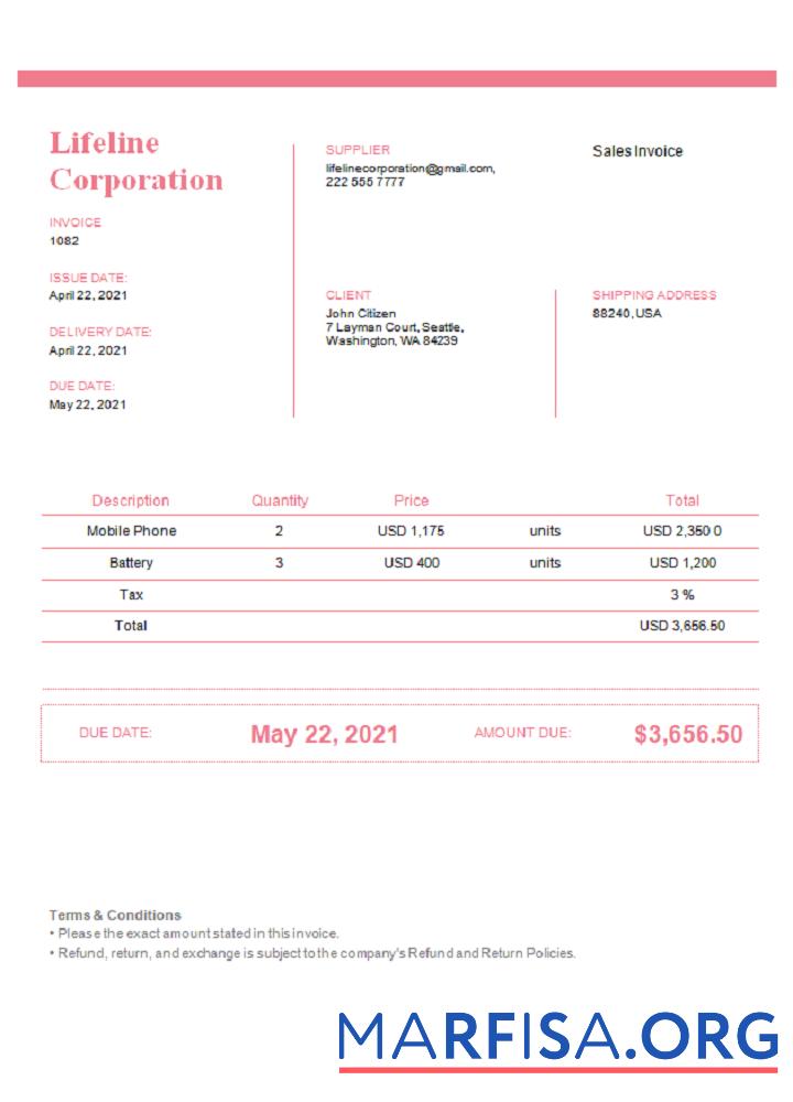 Downloadable USA Lifeline Corporation invoice template in Word and PDF format, fully editable, version 2